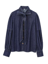 Fashion Bow Tie Neck Lantern Sleeve Denim Shirt