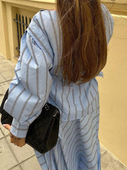 Casual Stripe O-neck Lace-Up Top Long Skirt Set