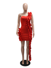 Sexy Single Shoulder Ruched Patchwork Bodycon Dress