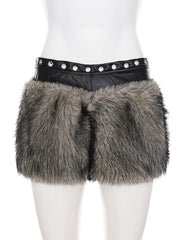 PU Leather Patchwork Eyelets Low-rise Fuzzy Shorts