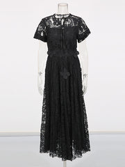 Elegant Bowknot Neck Short Sleeve Embroider Maxi Dress