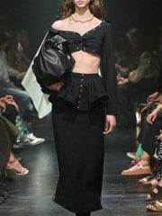 Fashion One Shoulder Crop Shirt Ruffle Long Skirt Set