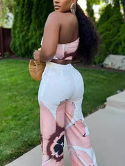 Sexy Print Crop Tops Wide Leg Pants Set
