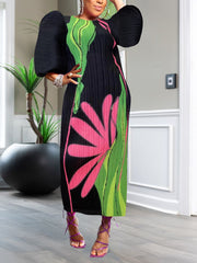 Print Ruched Lantern Sleeve Maxi Dress