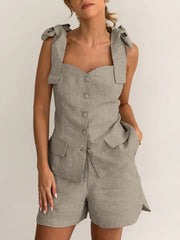 Bow-tied Strap Vest Shorts Casual Two Piece Set