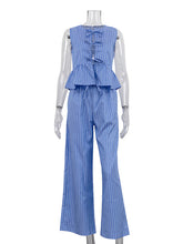 Stripe Sleeveless Lace-up Ruffle Top And Pants Sets