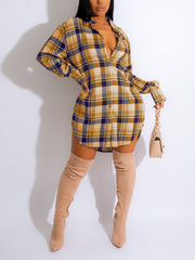 Fashion Lapel Loose Plaid Shirt Dress