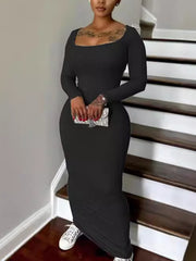 Casual Solid Square Collar Knit Bodycon Maxi Dress