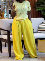 Casual O Neck Love Heart T shirt Wide Leg Pants Set