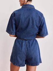 Casual Button Down Denim Shirt Shorts Set