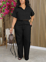 Casual Short Sleeve Crop Shirt Straight Pants Set