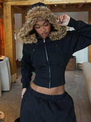 Faux Furry Trim Hooded Fitted Cropped Jacket