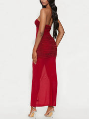 Sexy Embellished Mesh Sheer Ruched Maxi Dress