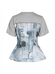 Casual Denim Print Patchwork Short Sleeve T-shirt