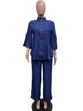 Elegant Soft Denim Top And Straight Pants 2 Piece Set