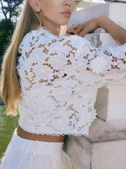 Elegant V Neck Lace Floral Hollow Out Shirt