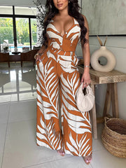 Casual Print Halter Lace-up Top Wide Leg Pants Set