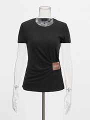 Casual Round Neck Leather Patchwork Slim T-shirt