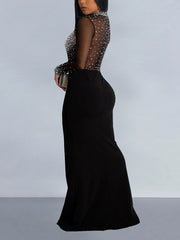 Rhinestone Sheer Mesh Patchwork Split Maxi Dress