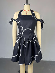 Sexy Halter Off Shoulder Print Pleated Mini Dress