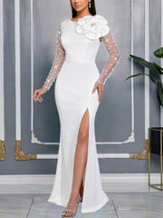 Elegant Mesh Sleeve Patchwork Slit Maxi Dress