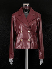 Fashion Lapel Slim Double Breasted PU Leather Jacket