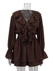 Fashion V Neck Ruffles Cinched Waist Mini Dress