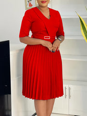 Fashion V-neck Belted Pleated Midi Dress