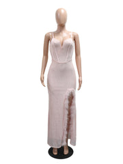 Sexy Spaghetti Strap Slit Feather Trim Sequin Gown