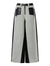 Denim Patchwork PU Leather Wide Leg Jeans