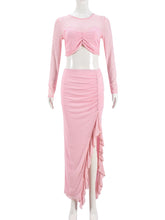 Mesh Crop Tops Ruffle High Slit Skirt sets
