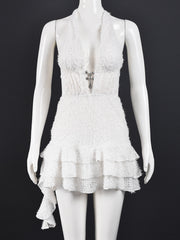 Sexy Deep V Halter Lace-up Knit Ruffles Mini Dress