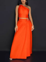 Solid Color One Shoulder Top And Skirt Two Piece Set