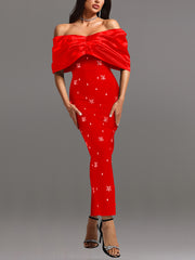 Sexy Off-the-Shoulder Rhinestone Maxi Dress