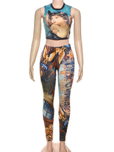 Sexy Print Crop Top Tight Pant Club Two Piece Set