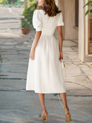 Fashion V-neck Puff-Sleeve Slim-fit Midi Dress