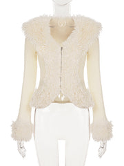 Fashion Faux Fur Ribbed Cardigan Sweater