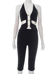 Halter Top Skinny Slit Capri Pants Two Piece Set