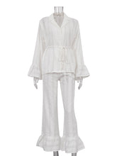 Casual Ruffle Lace-up Shirt Trousers Two Piece Set