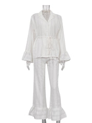 Casual Ruffle Lace-up Shirt Trousers Two Piece Set