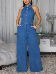 Fashion Sleeveless Denim Halter Jumpsuit