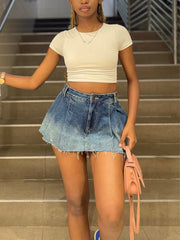 Casual Washed Gradient Color Denim Pleated Skirt