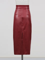Vintage Elegant PU Leather Midi Skirt