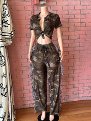Lace-Up Crop Top Fringed Detail Wide Leg Camo Pants Set