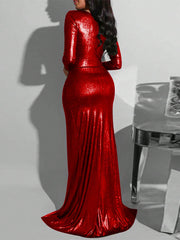 Fashion Metallic Color Deep V Ruched High Slit Dress