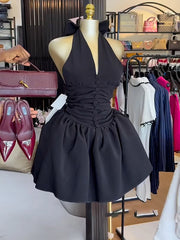 Sexy Pleated V-Neck Halter Bow Mini Dress