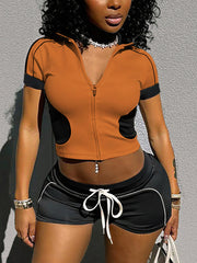 Fashion Zip Crop Tops Shorts Matching Tracksuit Set