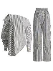 Lapel Off Shoulder Stripe Top And Straight Trousers Set