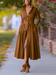 Bandage Cinched Waist Turndown Collar Midi Dress