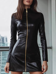 Fashion PU Leather Front Zipper Bodycon Dress